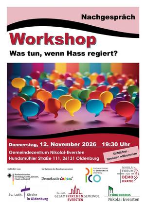 Workshop "Was tun, wenn Hass regiert" am 12.11. um 19.30 Uhr in der Nikolaigemeinde