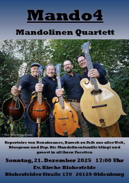 Mando4 geben ein Konzert am 21.12. um 17 Uhr in Bloherfelde